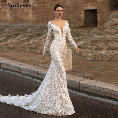 Smileven Ivory Mermaid Wedding Dresses Long Sleeves Lace Appliques Wedding Gown Sexy V Neck Wedding Party Bride Dress 2021