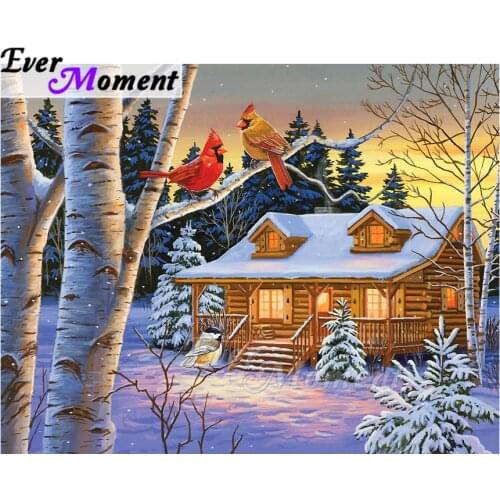 Ever Moment Diamond Painting House Tree Snow Picture Of Rhinestone Mosaic Full Square Drill Diamond Embroidery Decor ASF1840