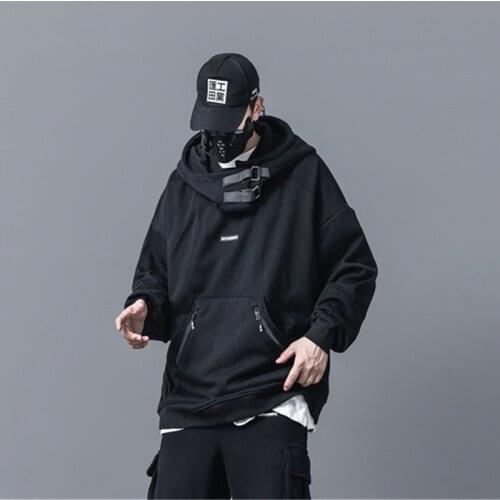 Techwear Streetwear Hip Hop Padded Hoodie Pullover Men Black Loose Oversized Harajuku Punk Pockets Casual Tactical Sweatshirts