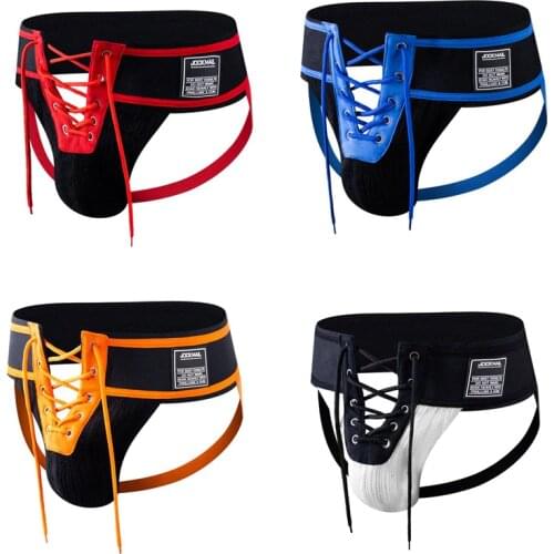 Jockmail Sexy Thong Men Jockstrap 4-Pack Cotton Briefs Lacing Lace Up Open Gay Underwear Tanga Bikini Low-Rise Breathable Mesh