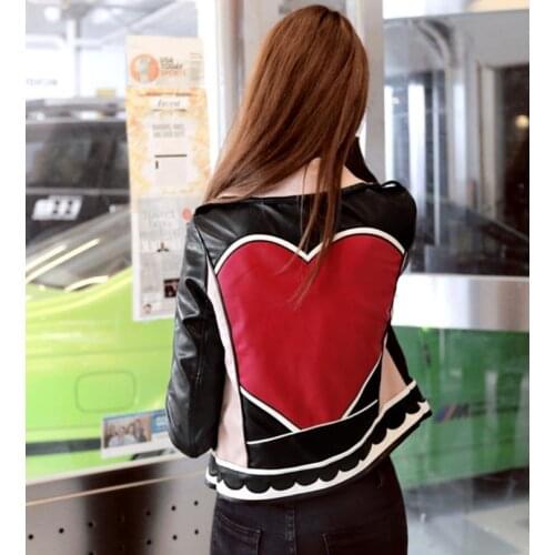Love circle pattern print street leather jackets female zipper stitching embroidery was thin leather jackets outerwear F50