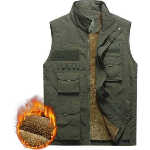 Thicken Fleece Waterproof Winter Vest Mens Multi Pockets Spring Autumn Waistcoat Photographer Mandarin Collar Sleeveless Jacket