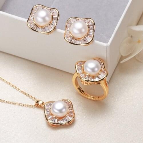 Gorgeous Style 8-9MM Size Big Size Real Freshwater Pearl Pendant Earrings Ring Jewelry Set Nice Party Wedding Gift 10 sets/lot