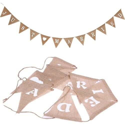 Vintage JUST MARRIED Baby Shower Heart MR MRS Event Party Supplies Country Wedding Decoration Flag Jute Burlap Linen Banner