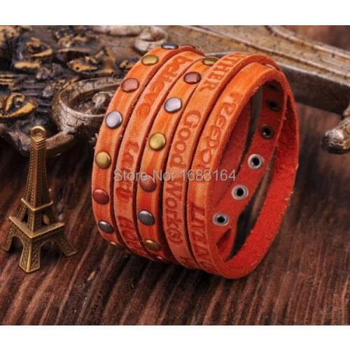 Freedom Cool Surfer Multi 5-Wraps Vintage Leather Bracelet Wristband Cuff Orange Mens