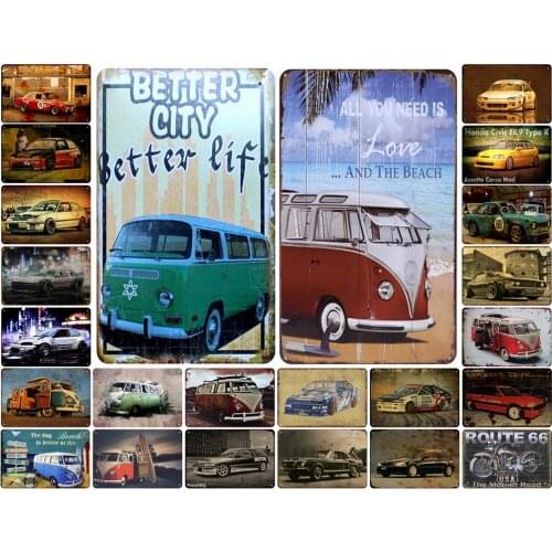 Vintage Metal Tin Sign of All You Need Is Love and The Beach Tour Bus Racing Car Retro Car for Garage Bar Wall Poster Decoration