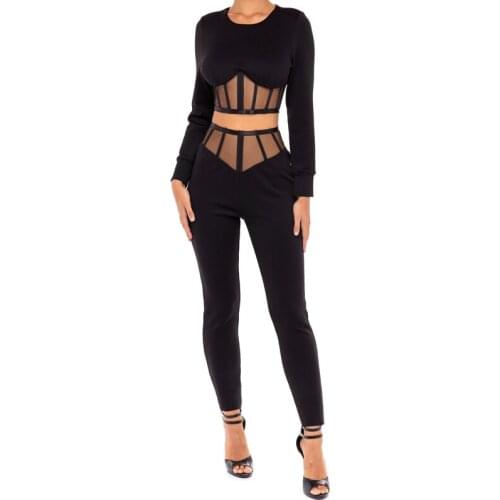 2020 Women Clothing Streetwear Black Mesh Transparent Sexy Long Sleeve Crop Tops & Pants Casual Skinny Women Two Pieces Set