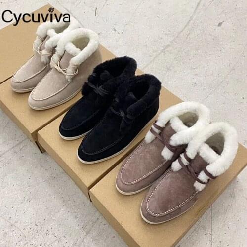 High Quality Wool Winter Boots Lace Up Flat Shoes Women High Top Cow Suede Ankle Boots Femme Runway Apricot Short Womens Boots