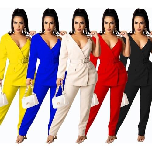 Women Fashion Blazer 2pcs Dress Set Deep V Neck One Shoulder Chain Long Sleeve Top And Long Skinny Pants With Belt Office Lady
