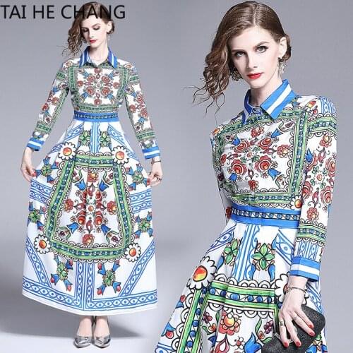Women Dress New Fashion Retro Spring Summer Elegant Slim Bodycon Vintage Party Runway Print Shirt Office Work Maxi Dresses