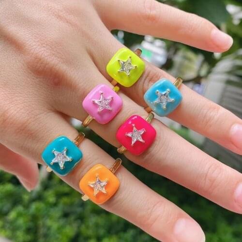 10Pcs Trendy Neon Colorful Crystal Star Heart Enamel Rings for Women Gold Ring Lover Couple Engagement Jewelry