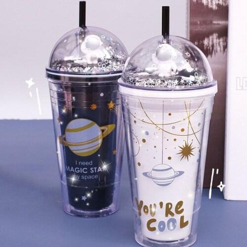480ml Straw Water Cup Space Star Planet Double Layer Bottle Cup Childrens Leak Proof Bottle Travel Portable Cute Drinking Cup