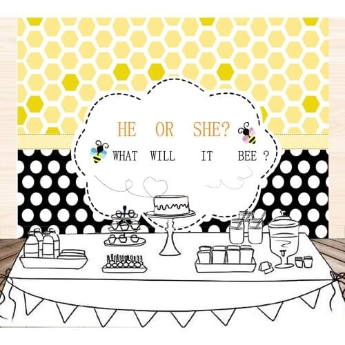 BEIPOTO Bee Theme Gender Reveal Party Backdrop He or She Baby Shower Photography Background Honeycomb Dots Party Banner Decor
