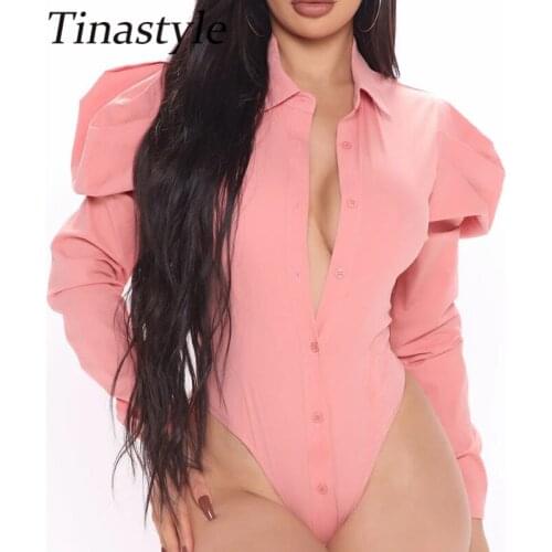 Tinastyle Puff Sleeve Buttons Sexy Bodysuit Women Top White Turn Down Collar Skinny Spring Summer Body Suit Casual Party Bodys