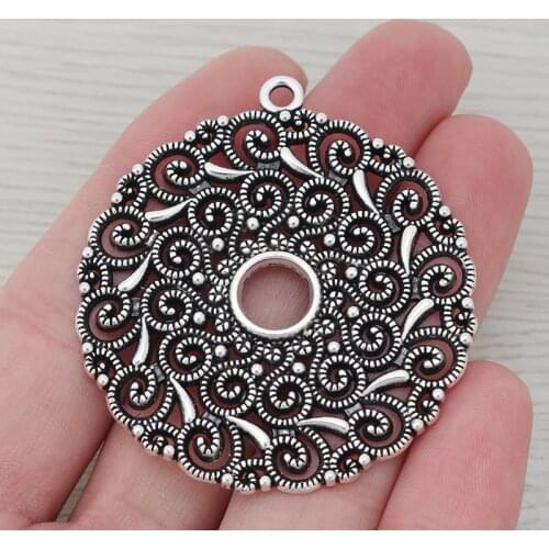3 x Large Tibetan Silver Hollow Filigree Flower Spiral Swirl Round Charms Pendants for Necklace Jewelry Making 53x48mm
