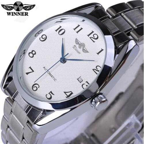 WINNER Automatic Mens Watches Business Classic Mechanical AUTO Date Day Stainless Steel Band Skeleton Watch Self-wind Wristwatch