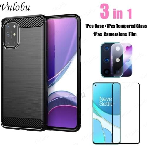 For One Plus 8T 7T Pro Nord N10 N100 Case Brushed Carbon Fiber Soft Silicone Cover With Screen Protector Lens Protective Film