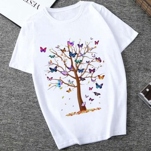 Butterfly Tree Print T Shirt Women Casual Round Neck Short Sleeve Top Summer Harajuku Graphic Tees Female Shirt Femme Clothing