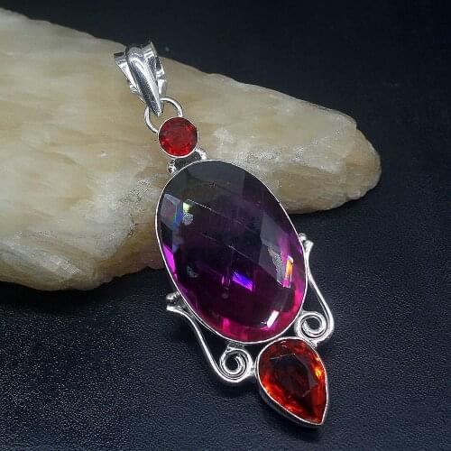Gemstonefactory Jewelry Big Promotion 925 Silver Dichroic Glass Red Garnet Shiny Women Ladies Gifts Necklace Pendant 0843