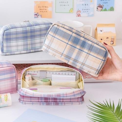 JK checkered pencil case cute pencil bag School supplies storage bag Canvas pen case Student pen bag girls Stationery gift prize