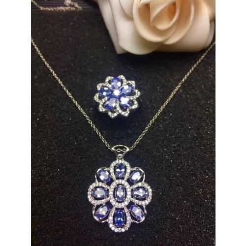 Natural blue tanzanite Ring Pendant Natural Gemstone Jewelry Set 925 Silver Big luxury Flowers Hydrangea Women party jewelry