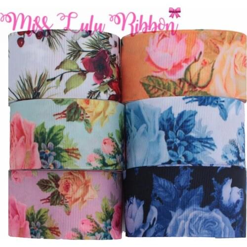 16mm-75mm Retro Flower Series Watercolor Jeans Printed Grosgrain/Elastic Ribbon DIY Hair Bowknots Wedding Decor 50yards/roll