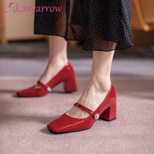 Lloprost ke 2021 Spring Women Single Shoes Thick Heels Pumps Square toe Casual Female PU Leather Working Office Lady Shoes