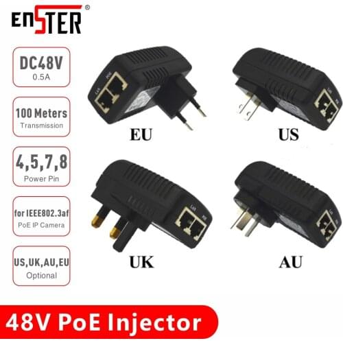ENSTER Wall Plug POE Injector with 48V Power Supply Power over Ethernet for Hikvision Dahua IEEE802.3af PoE IP Camera IP Phone