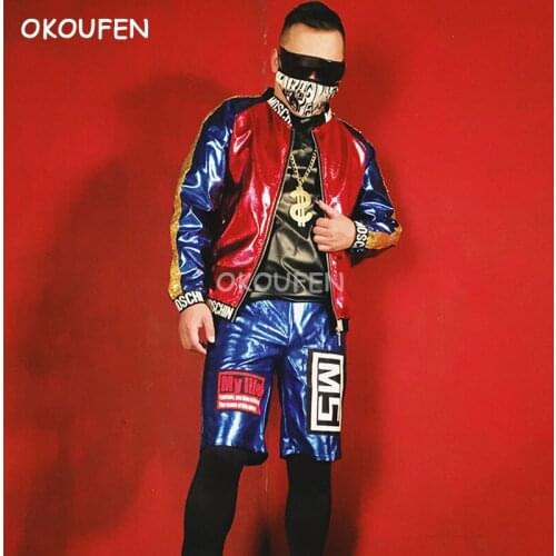 2018 new nightclub bar singer DJ DS stage mens blue and red gold stitching PU jacket clothing hairdresser performance clothing