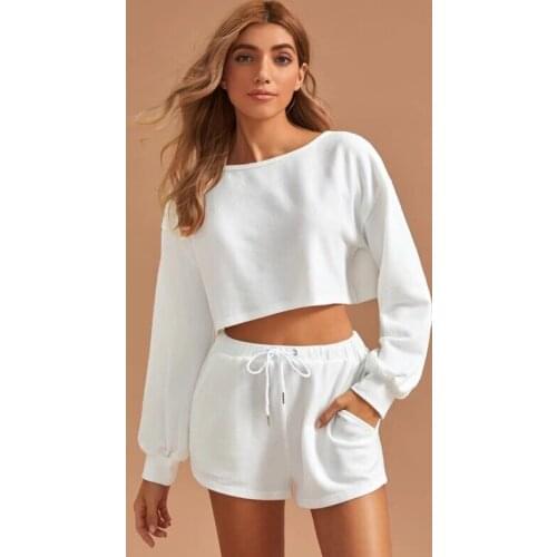 2020 New Hot Style Women Solid Color Round Neck Long-Sleeved Drawstring Short Casual Sweater Suits For Two-piece Home and Outing