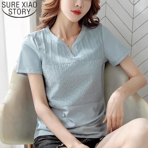 New 2021 Fashion Women Blouse Tops Short Sleeve Shirt V-neck Solid Cotton Floral Summer Lace Blouses Feminine Plus Size 8587 50