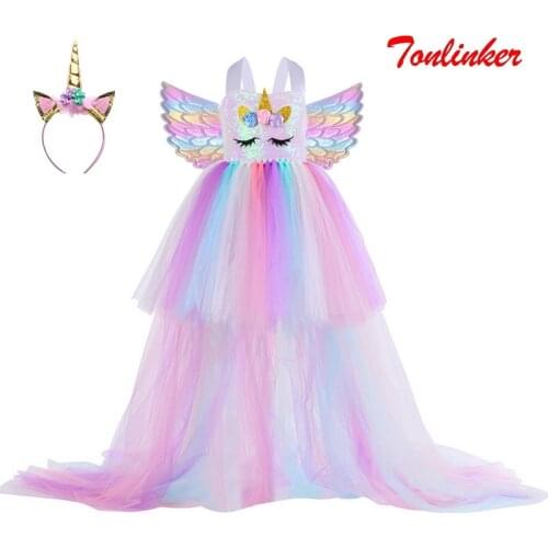 Girls Carnival Unicorn Costume Pony Dress Fancy Up Kids Sequin Pastel Rainbow Tutu Birthday Party Tuxedo Princess Cosplay Dress