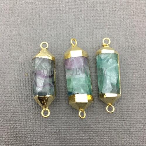 MY0619 Purple And Green Fluorite Pillar Point Connector Double Terminated Gold Color Bail,Natural Fluorspar Druzy Stone Pendant
