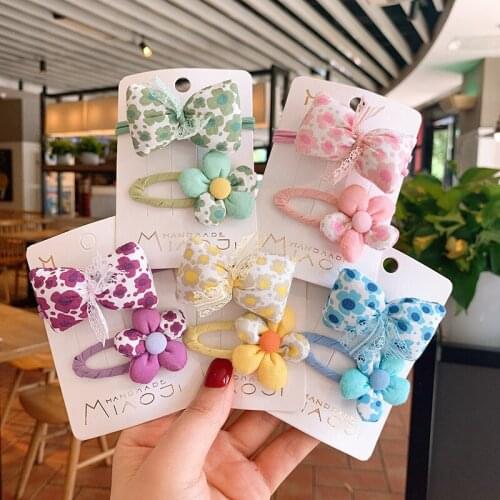 2pcs Elastic Hair Band Hairpin Set Women Girl Kid Flower Bow Hair Rope Tie Clip Pin Accessories Fabric Hair Accessories