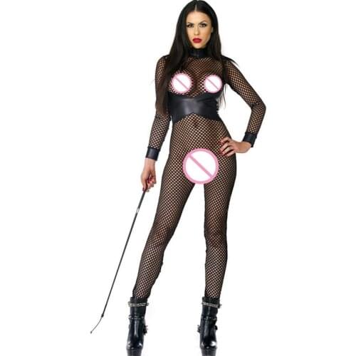 Sexy Black Leather Catsuit Fishnet Lingerie Long Sleeve Erotic Leotard See Through Hollow Out Network Jumpsuit Bodysuit Teddies