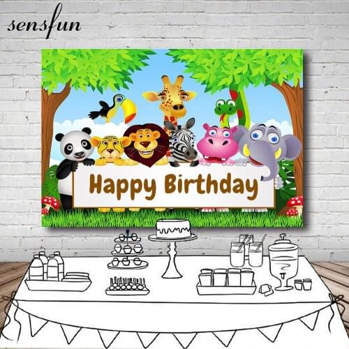 Sensfun Safari Party Backdrop Cartoon Elephant Lion Tiger Giraffe Tree Children Happy Birthday Photography Backgrounds 7x5FT