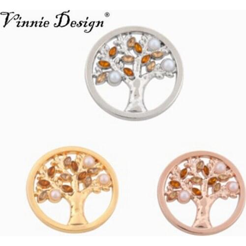 Vinnie Design Jewelry Life Tree Coin Disc with Pearl and Champagne Stone for 35mm Frame Pendant My Coin Holder 5pcs/lot
