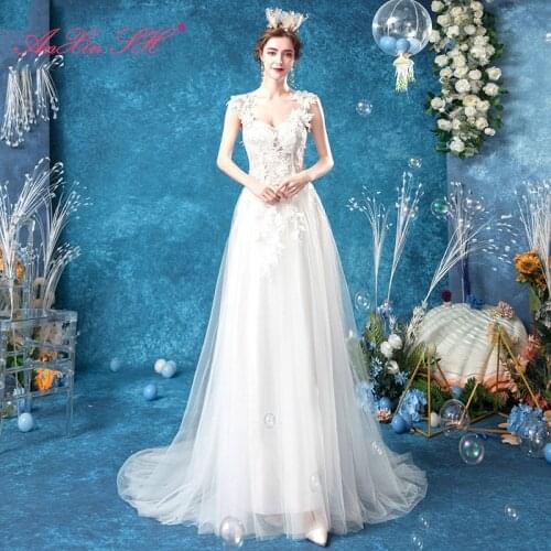 AXJFU princess vintage white lace flower sweetheart illusion sleeveless Bride small tailed slim lace white wedding dress 2288