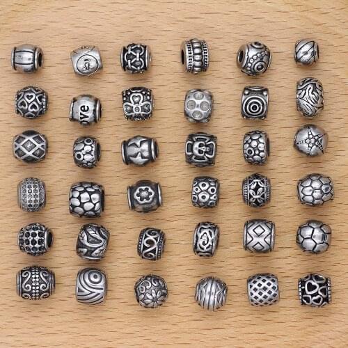 316l Stainless Steel 3-6mm Hole Vintage Round Bead Charm Fit Original Charm Bracelet Necklace DIY Jewelry Making