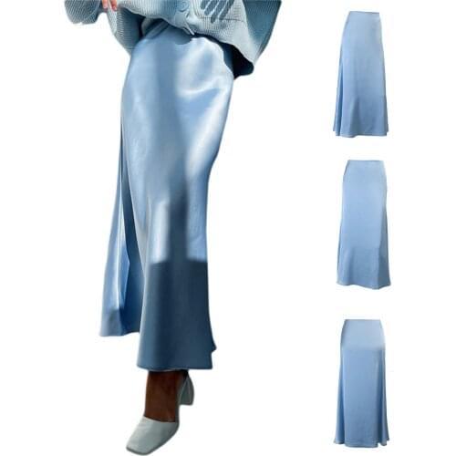 Women’s Satin Midi Skirt, Elegant High Waist Solid Color A-Line Flared Long Skirt New Fashion 2021