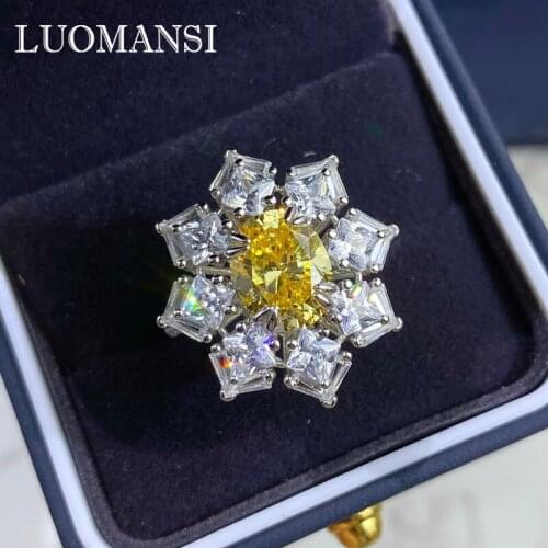 Luomansi Yellow High Carbon Diamond Chrysanthemum Ring Sparkling S925 Sterling Silver Fine Jewelry Wedding Party Woman Gift