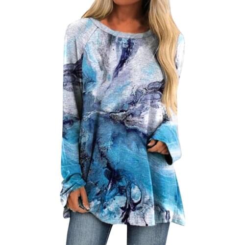 Fashoin Tie Dye Natural Scenery Print T-shirts Autumn Harajuku Loose Long Sleeve T Shirts Female Classic O Collared T-shirt Tops