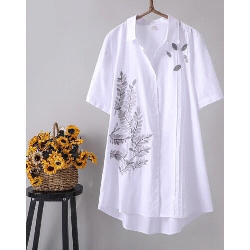 Oversized 4XL cotton women shirts 2020 summer vintage solid floral embroidery pleated loose long female shirts outwear top