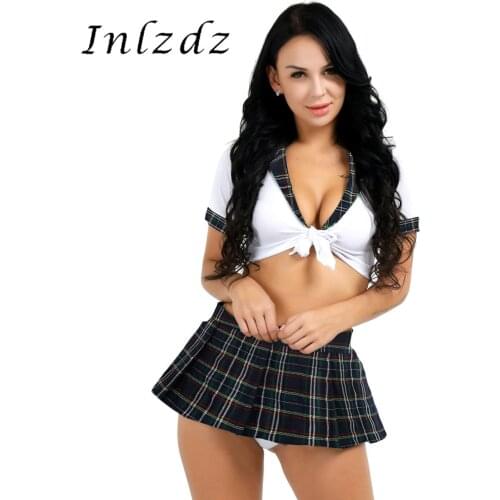 Womens Sex Cosplay Costume School Girl Uniform Suit Crop Top with Plaid Mini Skirt Short Sleeves Sexy Role Play Games Clothing