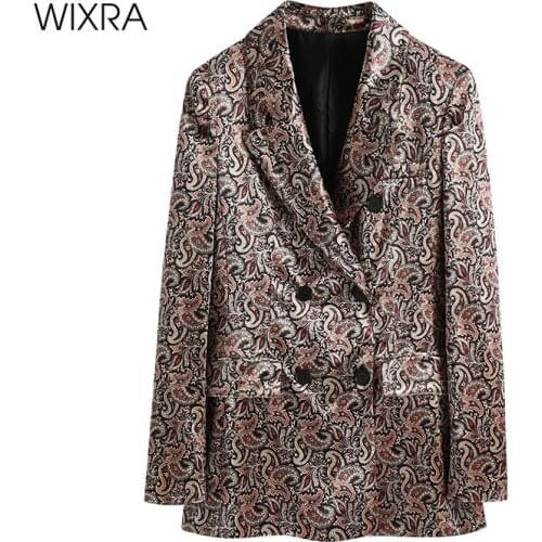 Wixra Women Vintage Print Velvet Blazer Autumn Spring Double Breasted Notched Collar Long Sleeve Coat Chic Outfit Outerwear
