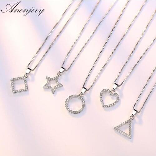 ANENJERY 925 Sterling Silver 5 Modle Crystal Zircon Star Heart Circle Square Pendant Necklace For Women Chain Necklace