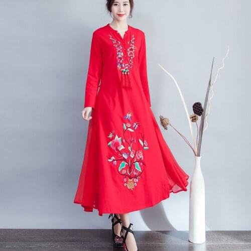 Fall 2019 Robe Vintage Femme Red Green Black Ethnic Dress Embroidery Ao Dai Long Dress Women Elegant Chinese Dresses TA1592