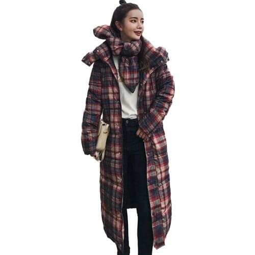 Winter coats Women Plaid Print Cotton Jacket Long Coat Students Cotton-padded jacket Female Thick Warm Scarf Hooded Tops N261