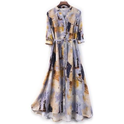 100% Silk Dress Women Summer 2021 Floral Long Dresses Casual Korean Fashion Shirt Dress Female Vestido De Mujer Pph4813