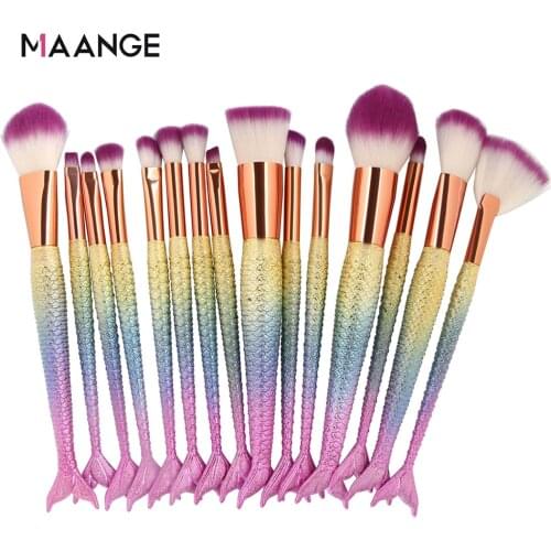 15 Pcs 3D Color Profesional Mermaid Natural Hair Makeup Brushes Set Eye Shadow Brush Highlight Brush Foundation Brush Tools